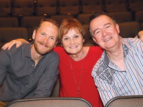 Judi Straughan, middle, poses for a photo with Matt Heiti, left, a former student of hers, and John McHenry, artistic director of the Sudbury Theatre Centre, in Sudbury, Ont. on Monday May 28, 2018. Straughan is being honoured for her volunteerism and support of the arts community. John Lappa/Sudbury Star/Postmedia Network