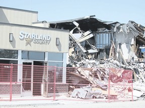 A fire at the Starland County Office in Morrin saw firefighters from Morrin, Munson, Rumsey and Drumheller Fire Departments battling the blaze on Friday. The fire, which was reported by Hanna resident Shantel Cox, caused extensive fire damange to a portion of the building, and smoke damage to the remaining section which remained standing after the blaze was successfully put out.