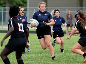 Ursuline Lancers' Selena Bushey plays against the Northern Vikings in the LKSSAA senior girls' rugby final at Ursuline College Chatham in Chatham, Ont., on Wednesday, May 30, 2018. (MARK MALONE/The Daily News/Postmedia Network)