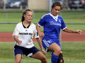 Chatham-Kent Golden Hawks' Taryn Dudley, left, tries to steal the ball from Villanova Wildcats' Adriana Isshak during the SWOSSAA 'AAA' senior girls' soccer final at the Chatham-Kent Community Athletic Complex in Chatham, Ont., on Wednesday, May 30, 2018. (Mark Malone/Chatham Daily News)