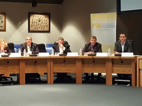 The Chatham-Kent Chamber of Commerce hosted an all-candidates night in council chambers Wednesday. From left are Chatham-Kent-Leamington candidates Jordan McGrail (NDP), Rick Nicholls (PC), Margaret Schleier Stahl (Liberal) and Mark Vercouteren (Green), and Lambton-Kent-Middlesex candidates Todd Case (NDP), Brian Everaert (Trillium) and Monte McNaughton (PC). Trevor Terfloth/Postmedia Network