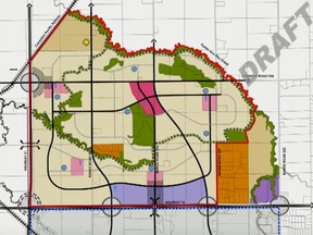 The Bremner development draft plan includes a town centre, surrounded by residential areas, as well as seven potential school sites (marked as blue circles).