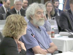 Interveners Anna Tillman and Inverhuron resident Eugene Bourgeois present to the Canadian Nuclear Safety Commission during day four of Bruce Power's nuclear licensing hearing on May 31, 2018. The hearing ran May 28-31, 2018 with closing questions Thursday afternoon. (CNSC broadcast screen capture)