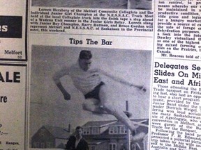 This week’s Throwback Thursday goes all the way back to 1957  and the  NESSAC Track and Field Meet.
In the photo Loreen Herzberg is in a close finish at the end of the relay race. Herzberg, Barry Harmon and Bruce Gordon all advanced to provincial track in Saskatoon in 1957.