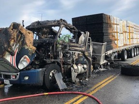 A tractor trailer hauling lumber caught fire at about 5 p.m. Thursday afternoon on the Highway 6 bypass in Caledonia. The fire was extinguished by members of the Haldimand County Fire Services. The driver was able to exit the vehicle. He was transported to hospital as a precaution. The fire is not considered suspicious. Haldimand OPP photo