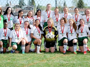 The O’Gorman Knights secured their first NEOAA Girls Soccer championship in five years on home turf Tuesday. They will now represent NEOAA at the OFSAA Girls ‘A’ Soccer Championships in Pain Court from June 7-9. Members of the championship team are, front row, from left: Ashante Mieze, Daphne Labelle, Rachel Beach, Fereshte Farrokhpey, Marli Narduzzi, Emma Weltz, Mallory Turcotte, Brianna Hway and Gracy Gauthier. Back row, from left: Coach Cathy Beard, Sierra Jones-MacLeod, Micah Aguinaldo, Jasmine Malette, Marielle Balette, Gabriella Schaffner, Kendra Carter, Hannah Culhane, Leah Blain, Gracie Barbuto and Coach Doug Basso.  SUBMITTED PHOTO