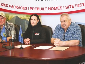 Milo mayor Scott Schroeder, left, Carleen Grant of Nelson Homes and Albert Headrick, administrator for the Village of Milo, at the launch of the Milo/Nelson Gateway Home Lottery at the Village of Milo’s office May 18. Jasmine O'Halloran Vulcan Advocate