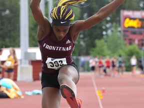 Aaliyah Edwards of Frontenac win the junior girls triple jump during the East Regional Track & Field Meet at Caraco Home Field in Kingston on Thursday May 31 2018. Ian MacAlpine/The Whig-Standard