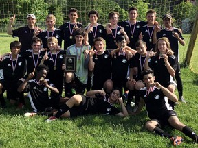 The McGregor Panthers celebrate their 2-0 win over Lamothe-Cadillac in the SWOSSAA 'A' senior boys' soccer final in Windsor, Ont., on Thursday, May 31, 2018. (Contributed Photo)
