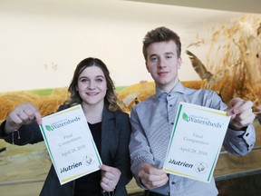 Selkirk Comp students Jenna Kowerko and Xavier Schneider take part in the Nutrien Caring for our Watersheds final competition at Oak Hammock Marsh on April 28. (Brook Jones/Selkirk Journal/Postmedia Network)