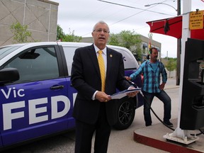 Nipissing incumbent Vic Fedeli pledged to reduce gas prices by 10 cents a litre, as well, scrap the cap and trade carbon tax.