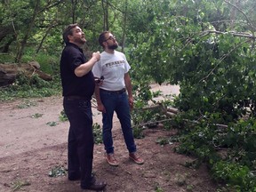 Brantford Mayor Chris Friel (left) and Fabrizio Secco, managing director, Ferrero Canada,  check out a damaged tree along the trail system near the D’Aubigny Creek Park boat launch on Friday. A branch broke off the tree prior to a news conference to announce a $100,000 donation from Ferrero to help with city's trail cleanup. (Vincent Ball/The Expositor)