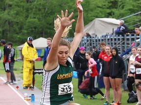 Jaclyn Groom, of the Lockerby Vikings, competes in the senior girls long jump event at the final day of competition at the NOSSA track and field championships at the track at Laurentian University in Sudbury, Ont. on Thursday May 31, 2018. John Lappa/Sudbury Star/Postmedia Network