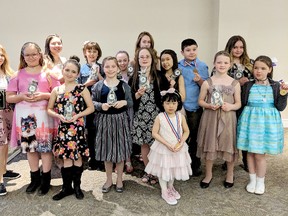 Timmins Porcupine Figure Skating Club held its end-of-year banquet and awards ceremony recently at the Dante Club. Among those honoured were, front: Isabella Bai. Middle row, from left: Jessie Fortier, Lexis Blackwell, Alexis Lachance, Krystina Leblanc, Julia Romualdi, Alicia Gallagher, Nicole Kukulka and Kaydence Lafleur. Back row, from left: Sabrina Riopel-Carrière, Carine Plourde, Kaitlyn Skinner, Savannah Gélinas, Roman Malo and Abigail Marcoux.  SUBMITTED PHOTO