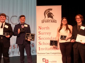 Jack Toney, Kenneth Chechotko, Noel Countryman, and Kaitlin Lutz moments after securing the gold in the NSSI investment challenge.