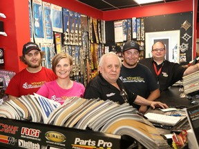 The Witrak Auto Specialties team of Landen Witrak, left, Eryn Witrak, Terry Witrak, Brandon McGragh and Tim Lachapelle pose for a photo at the new business location at 282 Lasalle Blvd. in Sudbury, Ont. on Friday May 25, 2018. The store will have a grand opening on June 2, 2018. John Lappa/Sudbury Star/Postmedia Network
