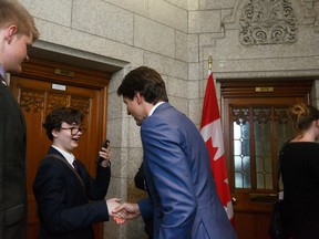 Submitted Photo
Grade 10 Centre Hastings Secondary Student Jonathan Nayler shakes hands with Prime Minister Justin Trudeau. Naylor was one of 15 members of Hastings—Lennox and Addington MP Mike Bossio’s Youth Council who visited Parliament Hill on Wednesday.
