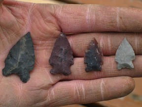 FILE PHOTO
Gerry Oetelaar, a University of Calgary archeologist, shows some of the points found in an archeological excacation just outside the Elkwater townsite in the Cypress Hills. Oetelaar has found evidence of human occupation of the site that goes back at least 8,000 years.