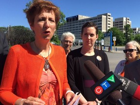 Postmedia photo
France Gélinas, the NDP incumbent in the Nickel Belt riding, was outside the Ottawa Hospital General campus Saturday to criticize the Progressive Conservatives’ plan for health care.