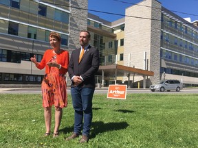 France Gelinas, NDP MPP for the Nickel Belt riding, held a media availability outside of Kingston General Hospital with Kingston and the Islands NDP candidate Ian Arthur on Saturday. (Meghan Balogh/The Whig-Standard/Postmedia Network)
