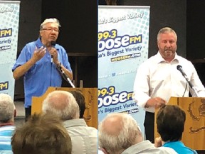 Photo by Chloe Kneer/For The Mid-North Monitor
Liberal Charles Fox and incumbent NDP MPP Michael Mantha were two of the four candidates at the all-candidates night in Espanola on May 31.