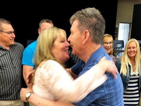 Former Quinte Saints female Athlete of the Year, Jean Anne Meagher (Hounslow) embraces one of her former QSS coaches, Rick Locke, at last weekend's athletic alumni gathering at the school. (Submitted photo)