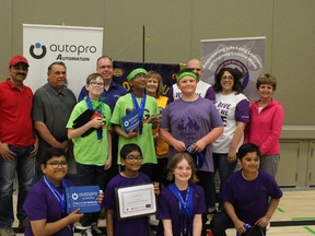 Tied for first place, winning teams from Christina Gordon Public School and Walter and Gladys Hill Elementary School show off their win at the robotics tournament on Saturday, June 2, 2018 at Walter and Gladis Hill public school in Fort McMurray, Alta. Larua Beamish/Fort McMurray Today/Postmedia Network.