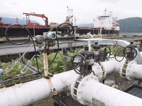 A ship receives its load of oil from the Kinder Morgan Trans Mountain Pipeline (File Photo).