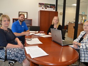 Grey County senior staff who met with The Sun Times Friday at the county building in Owen Sound said funding emergency shelters is not in its plans, despite the closure last week of the only emergency shelter in Grey-Bruce. Instead, the county continues to rely on motels for short emergency stays and works to find permanent housing, while an outreach worker also addresses any addiction, mental health or other needs. Consultations will be held to update the county's 10-year housing and homelessness plan, which will help set funding priorities. From the left, CAO Kim Wingrove, communications manager Rob Hatten, housing director Anne Marie Shaw and social services director Barb Fedy. (Scott Dunn/The Sun Times)