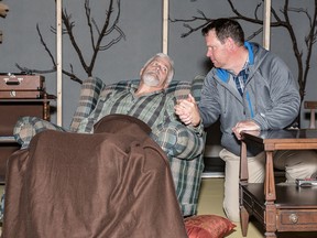 Simcoe Little Theatre’s final performance of the 2017-2018 season is Tuesdays With Morrie. The play stars Andy Blackwood of Simcoe, left, as Morrie, while Matt McGregor of Hagersville plays the role of sports writer Mitch. Simcoe Little Theatre photo
