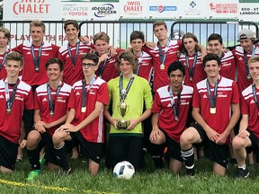 The Chatham Attack won gold medals in an under-16 boys' division at the Ancaster Heritage Days Soccer Tournament in Ancaster, Ont., on Sunday, June 3, 2018. The Attack are, front row, left: Christian Mastroianni, Ryan Degroot, Stefan Borovicanin, Ashton Van Helden, Mohammad Alowdh, Aiden Lucyk and Alex Strevel. Back row: head coach Steve Kloostra, Joshua Balan, Owen Den Brinker, Colin Kloostra, Cameron Marson, Simon Coelho, Dylan Holly, Evan Minnie, Cameron Duquette, Cameron Lynds, and assistant coaches John Mastroianni and Cesar Coelho. Absent are Greg Vermey and manager Val Duquette. (Contributed Photo)