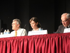 From left to right, NDP candidate Michael O’Brien, Green Lisa Olsen, and PC candidate Randy Pettapiece during Monday’s night debate. JONATHAN JUHA/THE BEACON HERALD/POSTMEDIA NETWORK