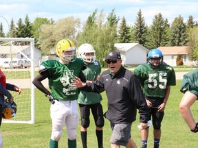 University of Saskatchewan Huskies’ assistant coach Jerry Friesen put players through their paces at the fooballl skill development camp at MUCC on Sunday, June 3.