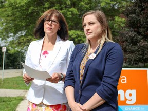 From left, London—Fanshawe NDP candidate Teresa Armstrong and Oxford NDP candidate Tara King say that a PC government would lead to 135,000 job losses, including over 400 in Woodstock. (Chris Funston/Sentinel-Review)
