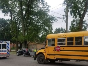 A 12-year-old girl suffered minor injuries in a school bus and vehicle crash on Monday afternoon. Norfolk OPP/Twitter photo