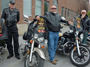 Jonathan Ludlow/The Intelligencer 
Jan Doef, Gary Crane and Jack McCurdy are members of the The Widows Sons, Land O' Lakes chapter. The Widows Sons are an international Masonic Motorcycle Association. On August 25, they will set out for a 200km poker run around Rice Lake to raise funds for the Wounded Warriors of Canada and the Shriners Hospital for Children.