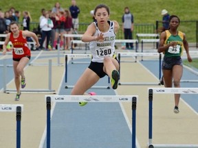 St. Mike's Brooke Overholt won the OFSAA West track and field senior girls 400m hurdles with a time of 1:02.62 – almost two seconds faster than the next runner. (Mark Dewan photo)