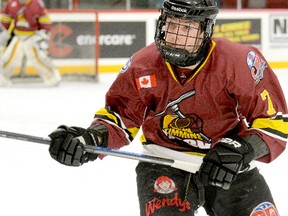 Forward Austin Holmes, shown here in action as an affiliate player during an NOJHL game at the McIntyre Arena against the Powassan Voodoos on Nov. 26, has signed with the Timmins Rock. Holmes, who spent the 2017-18 campaign with the GNML’s Timmins Majors, got into 10 regular season games with the Rock last season and 11 more playoff contests.  THOMAS PERRY/THE DAILY PRESS