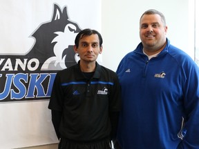 (Right) Jonathan Lambert, Director, Athletics, Sport and Student Wellness, Keyano College, stands with Macky Singh, the new head coach for the 2018-19 men’s and women’s Huskies soccer teams. Supplied image/Keyano College