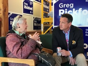 SUBMITTED
Progressive Conservative candidate Greg Rickford meets with a senior constituent at his Kenora riding office.