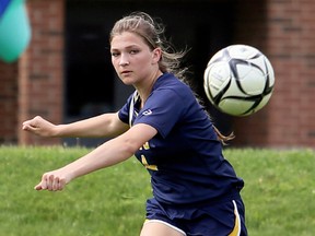 Pain Court Patriotes' Courtney Legere plays against Windsor Lajeunesse in the SWOSSAA 'A' senior girls' soccer final at the Keil Drive soccer complex in Chatham, Ont., on Wednesday, May 31, 2018. (MARK MALONE/Chatham Daily News/Postmedia Network)