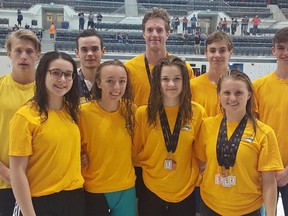 Members of the Port Elgin-based Breakers Swim Club senior team who competed at the 2018 Ontario Team Challenge at the Pan-Am Sports Centre in Markham included: Braydon Reid (back,left), Braeden Ashton, Cameron McEwen, Zachary McEwen, Liam Fitzgerald. Front: Evrim Dereli, Madison Wheeler, Rebecca Schropp, Carlin Reid. Absent; Ryan Morley and  Brady Phillips. submitted photo
