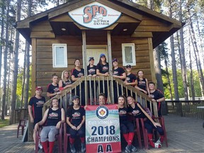 Pictured is the South Huron District High School Varsity Girls’ slo-pitch senior team that won the AA championship with a 20-17 win over the Mitchell Blue Devils on May 25. In the back row from (l-r) are coach Tracy McLennan, Reese Jones, Sadie Willemsen, Mackenzie Ansems, Shay Durand, Leah Clausius, Jordan McCarter, Taylor Edwards, Reise Willemsen and coach Karen Schade-McLellan. Front row (seated) from (l-r) are Ally Hayter, Morgan Lewis, Gabby Cote-Wawryszyn, Allie Gorman and Hallee Schilbe. Absent from the photo is Kennedy Borland. (Handout/Exeter Lakeshore Times-Advance)