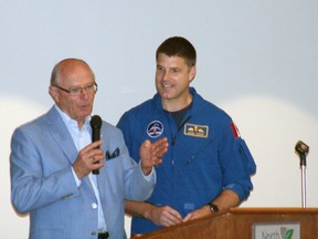 Lambton-Kent-Middlesex MP Bev Shipley (left) took a few minutes to thank Col. Jeremy Hansen (right) for serving and giving back to his country at Hansen’s award ceremony on May 26.  (William Proulx/Exeter Lakeshore Times-Advance)