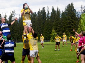 Banff Rugby Club Bears win lineout possession in the second half against the Calgary Rugby Union's Rams/Saints on June 2, 2018. Maureen McEwan/Crag & Canyon