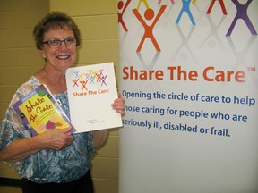 Dianne Jackson promotes the "Share The Care" approach to helping ill people, at her booth at the 11th annual Seniors' Fair at the Harry Lumley-Bayshore Community Centre on Wednesday in Owen Sound. (Scott Dunn/The Sun Times)