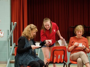 Rehearsing a tea party scene in Ichthys Theatre's production of Little Old Ladies in Tennis Shoes is Jamie Reansbury as Kate (left), Catherine Camp-Payter as Mrs. Petrelli , Bronwyn Monkhouse as Jess and Susan Dignan as Mrs. Feldman. Performances are Friday and Saturday and June 15 and 16 at 7:30 p.m. and Sunday and June 17 at 2 p.m. at St. Mary's Parish Hall, 133 Murray St. (Photo by Sandra L. Anderson)