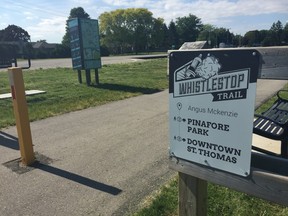 A new sign and kiosk near Parkside Collegiate Institute in St. Thomas mark the newly launched Whistlestop Trail. (Laura Broadley/Times-Journal)