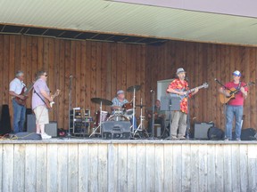 On stage at the Bluesky Picnic Jam at Bluesky Community Park June 3, from left Terry Morin on base, Rob Bell on guitar, Terry Cameron on drums, Walter Penney, Ray Hamill and Kurt Furstenwerth on guitar, Hamill was also doing vocals. There were a a few others who had played before them: John Merrick (guitar) and multi-talented Jason Cheeseman (drums, guitar and vocals).