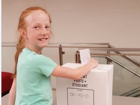 Submitted photo
Stirling Public School student Camryn Cook votes in the school’s provincial election. Students at schools across the Quinte region participated in the Student Vote program as part of their curriculum.